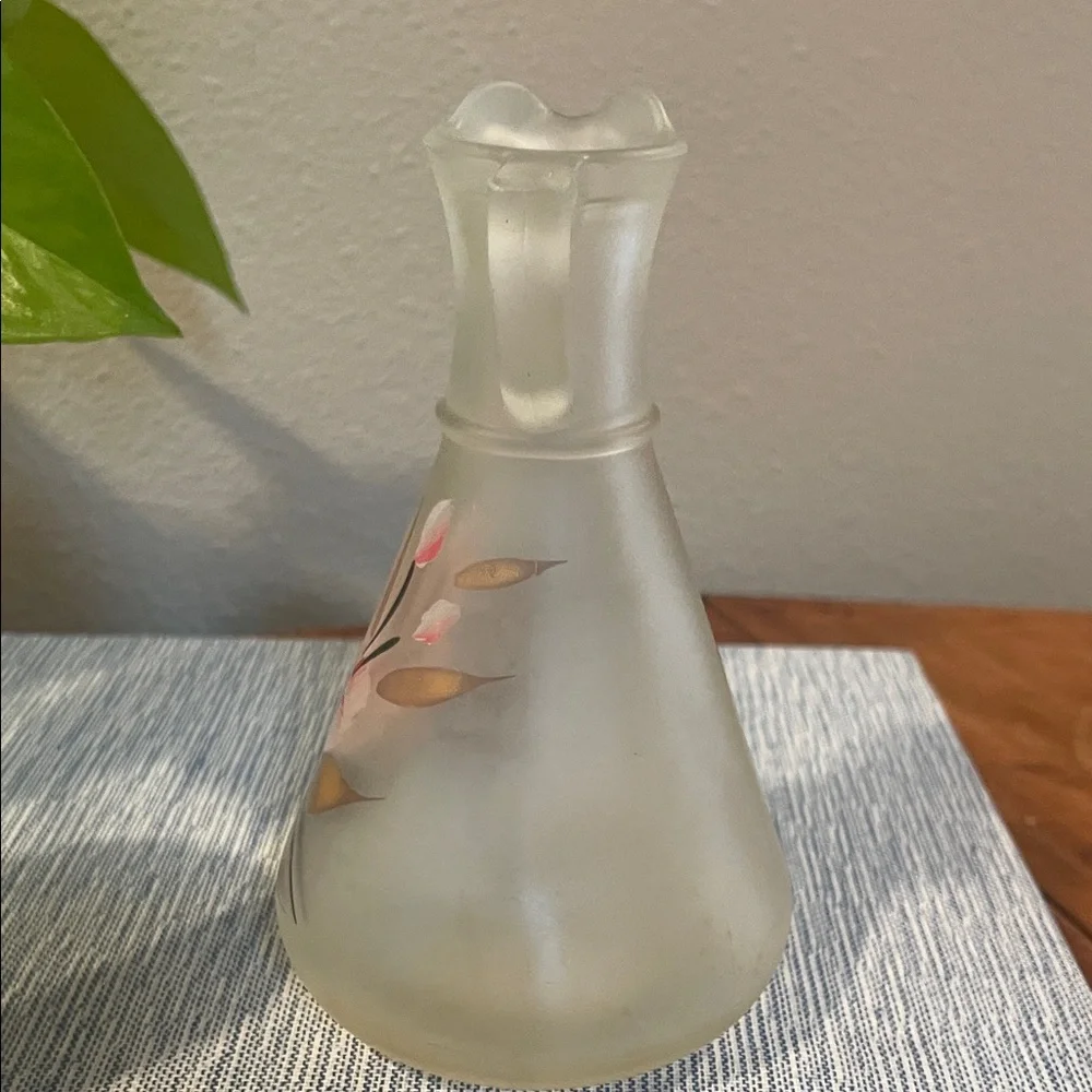 Vintage Hazel Atlas Frosted Glass Cruet – Hand-Painted Pink Floral